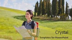  Presentation with time travel - Presentation theme enhanced with woman holding map with backpack background and a yellow colored foreground