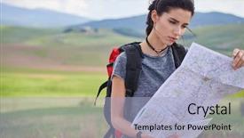  Presentation with time travel - Amazing PPT theme having woman holding map with backpack backdrop and a  colored foreground