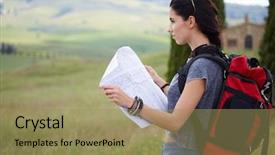  Presentation with time travel - Slides consisting of woman holding map with backpack background and a  colored foreground