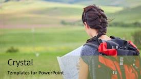  Presentation with time travel - Beautiful presentation theme featuring woman holding map with backpack backdrop and a  colored foreground