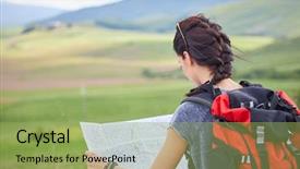  Presentation with time travel - Colorful slides enhanced with woman holding map with backpack backdrop and a  colored foreground