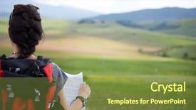  Presentation with time travel - Presentation theme having woman holding map with backpack background and a  colored foreground