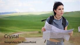  Presentation with time travel - Audience pleasing PPT theme consisting of woman holding map with backpack backdrop and a coral colored foreground