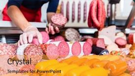  Presentation with butcher - Amazing PPT layouts having woman holding meat and sausage backdrop and a gold colored foreground