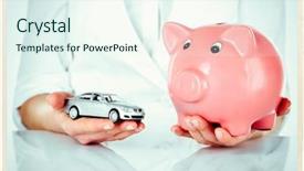  Presentation with piggy bank - Slide deck enhanced with woman holding model of car background and a sky blue colored foreground