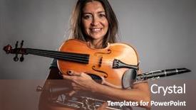  Presentation with music instruments - PPT theme with woman holding musical instruments background and a tawny brown colored foreground