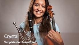  Presentation with music instruments - PPT theme featuring woman holding musical instruments background and a tawny brown colored foreground