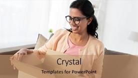  Presentation with postal service - Audience pleasing theme consisting of woman holding open cardboard box backdrop and a coral colored foreground