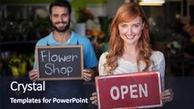  Presentation with signboard - Slides featuring woman holding open signboard and man holding slate with flower shop sign in the flower shop background and a wine colored foreground