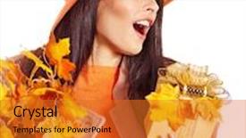  Presentation with fashion handbag - Cool new presentation theme with woman holding orange leaf and handbag autumn fashion backdrop and a gold colored foreground