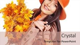  Presentation with fashion handbag - Colorful theme enhanced with woman holding orange leaf and handbag autumn fashion backdrop and a coral colored foreground