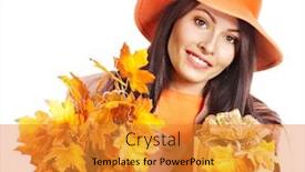  Presentation with fashion handbag - Beautiful presentation theme featuring woman holding orange leaf and handbag autumn fashion backdrop and a gold colored foreground