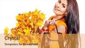  Presentation with fashion handbag - Audience pleasing slide deck consisting of woman holding orange leaf and handbag autumn fashion backdrop and a yellow colored foreground