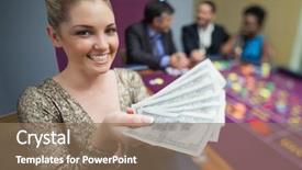  Presentation with casino - Amazing presentation theme having woman holding out fan of dollars in casino backdrop and a violet colored foreground