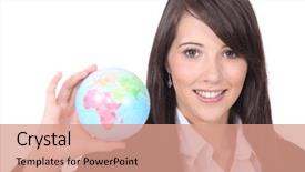  Presentation with travel globe - Presentation design having woman holding out world globe background and a coral colored foreground