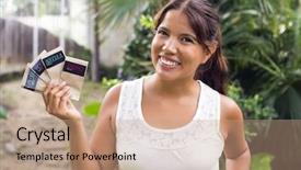  Presentation with seeds - PPT theme having woman holding packets of organic background and a coral colored foreground