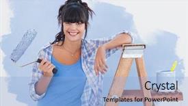  Presentation with paint roller - Theme having woman holding paint roller leaning background and a light blue colored foreground