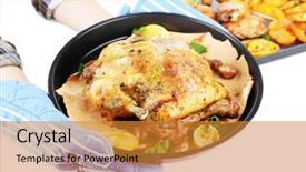  Presentation with fried chicken - Slide deck featuring woman holding pan with homemade fried chicken and vegetables isolated on white background and a gold colored foreground