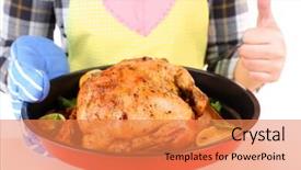  Presentation with fried chicken - Colorful presentation design enhanced with woman holding pan with homemade fried chicken and vegetables isolated on white backdrop and a coral colored foreground