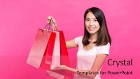  Presentation with paper bag - Slide deck featuring woman holding paper bag background and a coral colored foreground