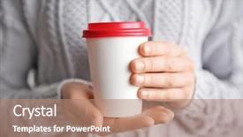  Presentation with paper - Presentation theme featuring woman holding paper cup closeup background and a coral colored foreground