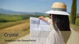  Presentation with map - Colorful slide set enhanced with woman holding paper map finding backdrop and a coral colored foreground