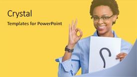  Presentation with african american woman question - Colorful theme enhanced with woman holding paper with question backdrop and a  colored foreground