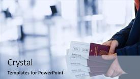  Presentation with airport boarding pass - PPT layouts with woman holding passports and boarding background and a light blue colored foreground