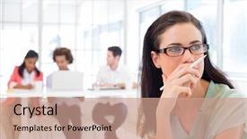  Presentation with contemplating - Amazing slide deck having woman holding pencil - attractive businesswoman contemplating while colleagues backdrop and a  colored foreground