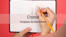  Presentation with notebook - PPT layouts having woman holding pencil - hand write on notebook background and a lemonade colored foreground