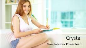  Presentation with home security camera - Slide deck featuring woman holding pencil - pretty girl sitting on sofa background and a  colored foreground