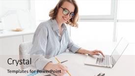  Presentation with glasses - PPT theme enhanced with woman holding pencil - young attractive smiling girl background and a soft green colored foreground