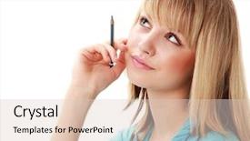  Presentation with student - Colorful PPT theme enhanced with woman holding pencil - young female student side-view backdrop and a lemonade colored foreground