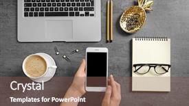  Presentation with phone - Beautiful presentation featuring woman holding phone over table backdrop and a tawny brown colored foreground