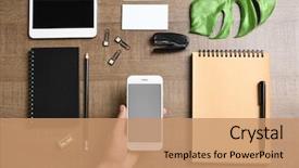  Presentation with phone - Presentation having woman holding phone table stationery mockup design background and a coral colored foreground