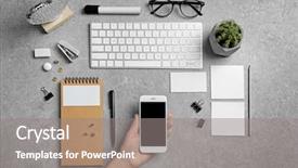  Presentation with woman praying over bible - PPT theme featuring woman holding phone table stationery mockup design background and a gray colored foreground