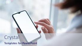  Presentation with blank - Presentation design featuring woman-holding-phone-with-blank background and a sky blue colored foreground