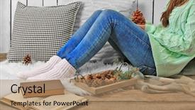  Presentation with pine cone - Audience pleasing PPT theme consisting of woman holding pine cone books and wooden basket with evergreen backdrop and a coral colored foreground