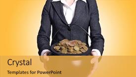  Presentation with gold coins and jewelry - PPT layouts having woman holding pot of gold background and a yellow colored foreground