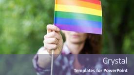  Presentation with rainbow lgbt - Beautiful presentation theme featuring woman-holding-rainbow-flag-lgbt backdrop and a violet colored foreground