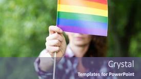  Presentation with rainbow lgbt - Colorful presentation design enhanced with woman-holding-rainbow-flag-lgbt backdrop and a violet colored foreground