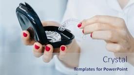  Presentation with anonymous invisible face in urban - Slide set with woman-holding-removable-invisible-aligner background and a lemonade colored foreground