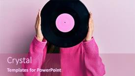  Presentation with vinyl - PPT theme having woman-holding-retro-vinyl-disc background and a violet colored foreground