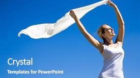  Presentation with wind - PPT theme featuring woman holding scarf in wind background and a teal colored foreground