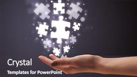  Presentation with holding puzzle pieces - Amazing PPT theme having woman holding shining puzzle pieces backdrop and a dark gray colored foreground