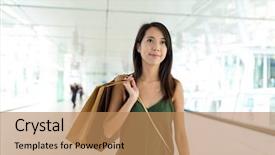 Presentation with woman pushing shopping trolley - PPT theme consisting of woman holding shopping bag ans background and a coral colored foreground