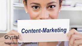  Presentation with holding hands - PPT theme consisting of woman holding sign content-marketing background and a  colored foreground