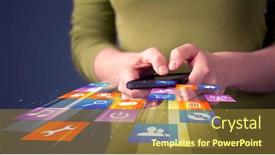  Presentation with application - Slide set featuring woman holding smart phone with colorful application icons comming background and a tawny brown colored foreground
