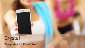  Presentation with smartphone - PPT theme with woman holding smartphone in gym background and a coral colored foreground