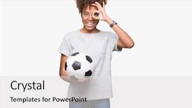  Presentation with eye african american models - Slide set having woman holding soccer football ball background and a  colored foreground